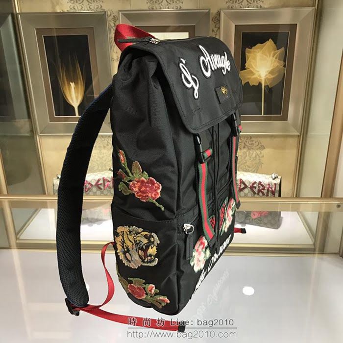 GUCCI 古馳男包 新款 450982 刺繡裝飾 古馳雙肩背包 黑色 GUCCI男背包